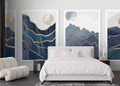 Luxury Gold Mountain wall art vector set. Earth tones landscapes backgrounds set with moon and sun.  Abstract Plant Art design for print, cover, wallpaper, Minimal and  natural wall art.  Wall mural