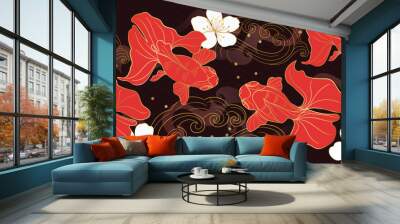 Luxury gold oriental style background vector. Chinese and Japanese wallpaper pattern design of elegant goldfish, flowers, sea wave with gold line. Design illustration for decoration, wall decor. Wall mural