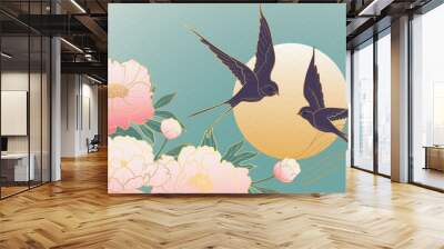 Luxury gold oriental style background vector. Chinese and Japanese wallpaper pattern design of elegant swallow birds, sea wave, flowers with gold line. Design illustration for decoration, wall decor. Wall mural