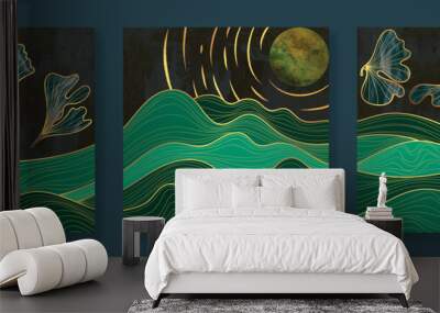 Luxury gold wall art wallpaper. Dark green and black background. Ginkgo leaf wall art design with river wavy, moon, shiny golden light texture. Modern art mural wallpaper. Vector illustration. Wall mural