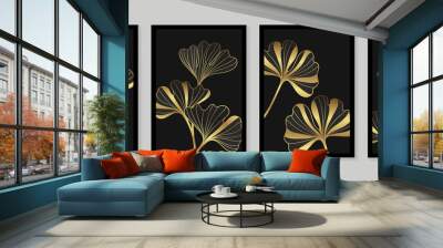 Luxury gold wallpaper.  Black and golden background. flower wall art design with dark blue and green color, shiny golden light texture. Modern art mural wallpaper. Vector illustration. Wall mural