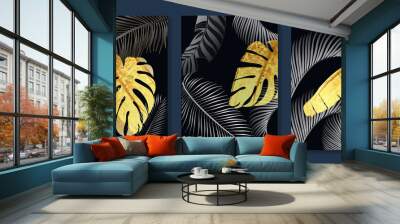 Luxury gold wallpaper.  Black and golden background. Tropical leaves wall art design with dark blue and green color, shiny golden light texture. Modern art mural wallpaper. Vector illustration. Wall mural