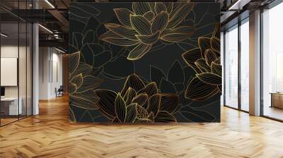 Luxury hand drawn lotus flowers background vector. Elegant gradient gold lotus flowers line art, leaves on dark background. Oriental design for wedding invitation, cover, print, decoration, template. Wall mural