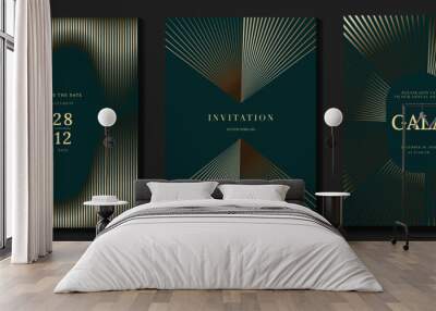 Luxury invitation card background vector. Golden curve elegant, gold line gradient on green color background. Premium design illustration for gala card, grand opening, party invitation, wedding. Wall mural