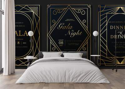 Luxury invitation card background vector. Golden elegant geometric shape, gold lines gradient on dark blue gradient background. Premium design illustration for gala card, grand opening, wedding. Wall mural