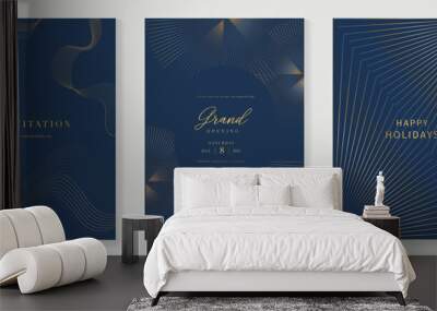 Luxury invitation card background vector. Golden elegant wavy gold line pattern on navy blue background. Premium design illustration for wedding, vip cover template, grand opening, flyer. Wall mural