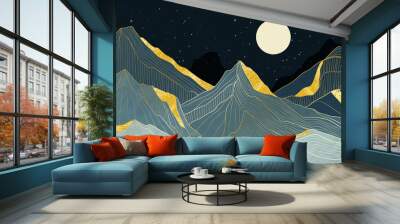 Luxury line art on dark background. Landscape mountain wallpaper with golden line and blue hill, sparkling stars and circle moon at night. For banner, cover, decoration and prints. Wall mural