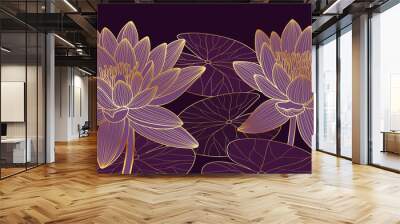 Luxury lotus background vector. Golden lotus line arts design for wall arts, fabric, prints and background texture, Vector illustration. Wall mural