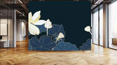 Luxury lotus line art on dark background, Golden hand drawn wallpaper with white lotus flowers, blooms, and leaves. Design for banners, prints, cover and poster. Wall mural