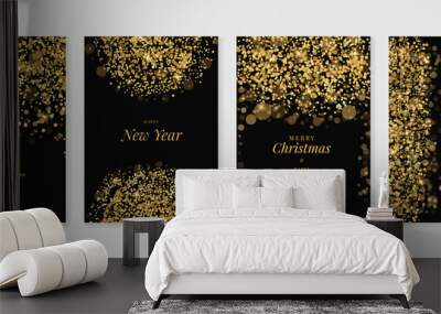 Luxury merry christmas and happy new year invitation card design vector. Gold twinkling stars on black background. Design illustration for cover, print, poster, wallpaper, decoration. Wall mural