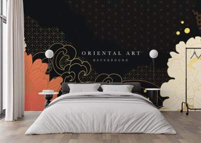 Luxury oriental style background vector. Chinese and Japanese oriental line art with black and golden texture. Wallpaper design with peony flower and Ocean and wave wall art. Vector illustration. Wall mural