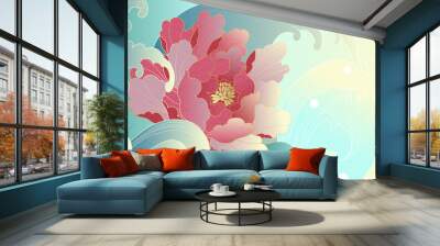 Luxury oriental style background vector. Chinese and Japanese oriental line art with golden texture. Wallpaper design with peony flower and Ocean and wave wall art. Vector illustration. Wall mural