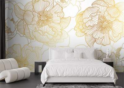 Luxury rose golden art deco wallpaper. Nature background vector. Floral pattern with golden flower line art. Vector illustration.. Wall mural