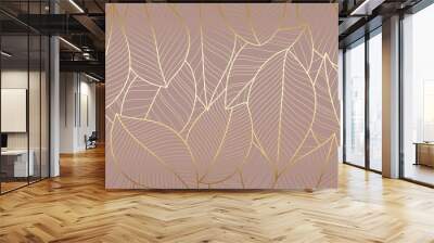 Luxury wallpaper design with Gold leaf and natural background. Leaves line arts design for fabric, prints and background texture, Vector illustration. Wall mural