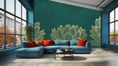 Luxury wallpaper design with Golden lotus and green natural background. Lotus line arts design for fabric, prints and background texture, Vector illustration. Wall mural