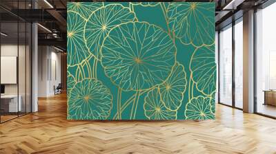 Luxury wallpaper design with Golden lotus and natural background. Lotus line arts design for fabric, prints and background texture, Vector illustration. Wall mural