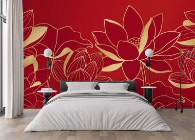 Luxury wallpaper design with Golden lotus on red background. Lotus line arts design for fabric, prints and background texture, Vector illustration. Wall mural