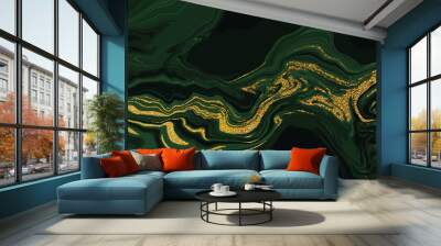 luxury wallpaper. Green marble and gold abstract background texture. Dark green emerald marbling with natural luxury style swirls of marble and gold powder. Wall mural