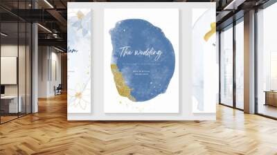 Luxury wedding invitation card background vector. Hand drawn flowers with blue theme watercolor and gold glitter brush stroke texture. Design illustration for wedding and vip cover template, banner. Wall mural