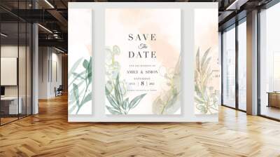 Luxury wedding invitation card background  with golden line art flower and botanical leaves, Organic shapes, Watercolor. Abstract art background vector design for wedding and vip cover template. Wall mural