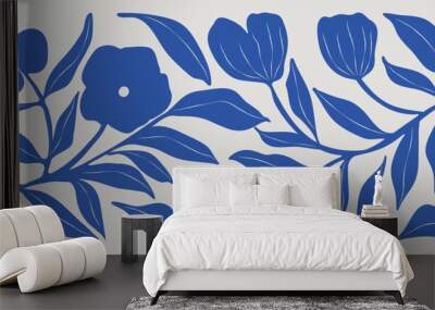 Matisse art background vector. Abstract natural hand drawn pattern design with blue leaves, branches. Simple contemporary style illustrated Design for fabric, print, cover, banner, wallpaper. Wall mural