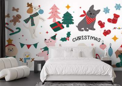 Merry christmas and happy new year concept background vector. Collection drawing of cute dogs with decorative scarf, ribbon, hat. Design suitable for banner, invitation, card, greeting, banner, cover. Wall mural