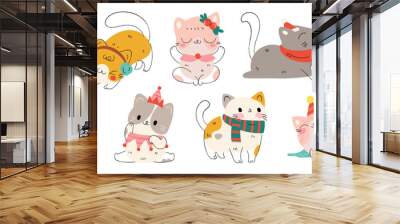 Merry christmas and winter concept background vector. Collection drawing of cute cats with decorative scarf, ribbon, hat. Design suitable for banner, print card, sticker, banner, cover. Wall mural