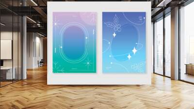 Merry christmas concept posters set. Cute gradient holographic background vector with vibrant color, snowflakes, holly, pine. Art trendy wallpaper design for social media, card, banner, flyer. Wall mural