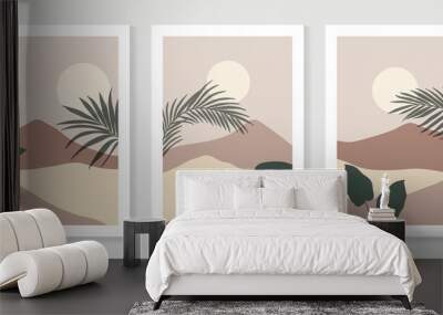 Mountain and Botanical wall art vector set. Earth tones landscapes wallpaper. Oasis Tropical backgrounds collection with mountain, sand, palm,Twigs leaf, moon or sun. Vector illustration. Wall mural