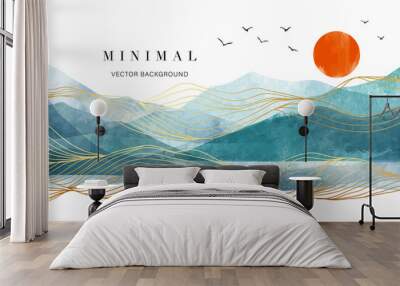 Mountain background vector. Minimal landscape art with watercolor brush and golden line art texture. Abstract art wallpaper for prints, Art Decoration, wall arts and canvas prints. Wall mural