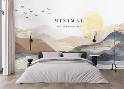 Mountain background vector. Minimal landscape art with watercolor brush and golden line art texture. Abstract art wallpaper for prints, Art Decoration, wall arts and canvas prints. Wall mural