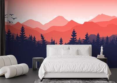 Mountain landscape illustration art background vector. The adventure graphic design series for wild life and traveler. Forest nature wallpaper with bird, fog, sunset, The river and huge mountains. Wall mural