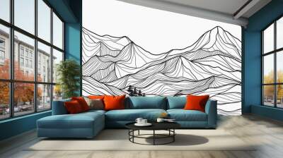 Mountain line art background, Black and white landscape wallpaper design for cover, invitation background, packaging design, wall art and print. Vector illustration. Wall mural