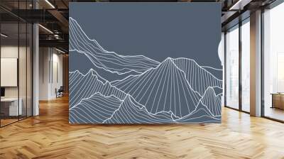 Mountain line art wallpaper. Contour drawing luxury scenic landscape, hills, moon. Panorama view of mountain design illustration for cover, invitation background, packaging design, banner and print. Wall mural