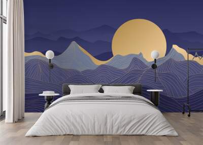 Mountain line arts background vector. Landscape with mountains and sun, Mountainous terrain, Sun set wallpaper design for wall arts, cover, fabric. Vector illustration. Wall mural