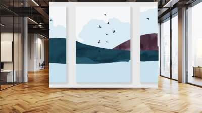 Mountain water color background vector. landscape wall art design with brush texture, sun, birds and cloud. Modern art mural wallpaper. Vector illustration.
 Wall mural