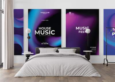 Music poster design background vector set. Electro Sound Cover template with abstract gradient line wave. Ideal design for social media, flyer, party, music festival, club. Wall mural