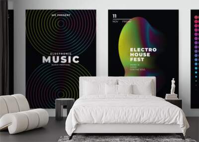 Music poster design background vector set. Electro Sound Cover template with vibrant abstract gradient geometric shape and line wave. Ideal design for social media, flyer, party, music festival, club. Wall mural