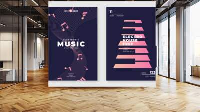 Music poster design background vector set. Electro Sound Cover template with vibrant abstract gradient geometric shape and line wave. Ideal design for social media, flyer, party, music festival, club. Wall mural