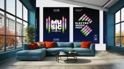 Music poster design background vector set. Electro Sound Cover template with vibrant abstract gradient geometric wave. Ideal design for social media, flyer, party, music festival, club. Wall mural