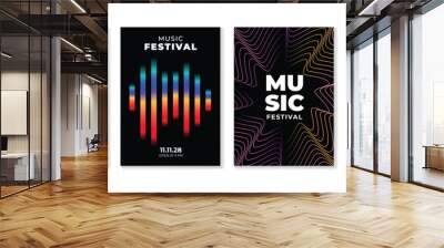 Music poster design background vector set. Electro Sound Cover template with vibrant abstract gradient line wave and geometric shape. Ideal design for social media, flyer, party, music festival, club. Wall mural