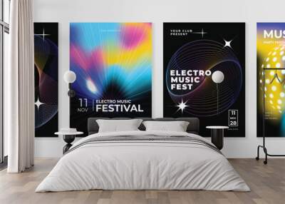 Music poster design background vector set. Electro Sound Cover template with vibrant abstract gradient line wave. Ideal design for social media, flyer, party, music festival, club. Wall mural