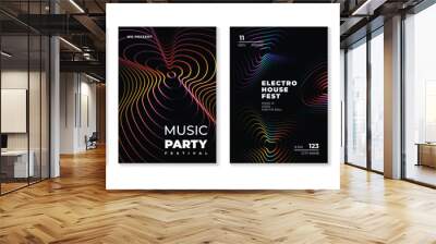 Music poster design background vector set. Electro Sound Cover template with vibrant abstract gradient line wave. Ideal design for social media, flyer, party, music festival, club. Wall mural