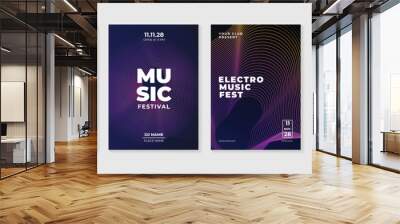 Music poster design background vector set. Electro Sound Cover template with vibrant abstract gradient line wave. Ideal design for social media, flyer, party, music festival, club. Wall mural