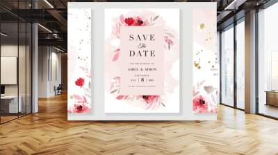 Pink and red rose floral watercolor wedding invitation vector set. Luxury background and template layout design for invite card, VIP invitation card and cover template. Wall mural