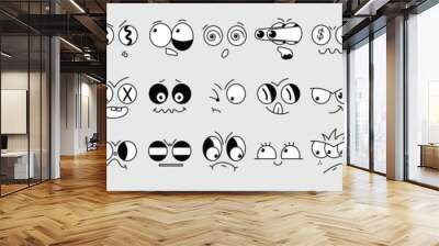 Set of 70s groovy comic faces vector. Collection of cartoon character faces, in different emotions, happy, angry, sad, cheerful. Cute retro groovy hippie illustration for decorative, sticker. Wall mural