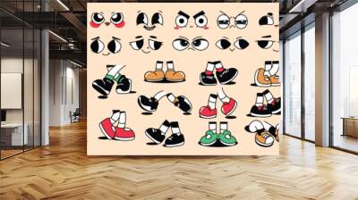 Set of 70s groovy comic vector. Collection of cartoon character faces in different emotions, sad, happy with hand, shoes. Cute retro groovy hippie illustration for decorative, sticker. Wall mural