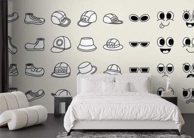 Set of 70s groovy comic vector. Collection of cartoon character faces in different emotions and glasses, hat, shoes. Cute retro groovy hippie illustration for decorative, sticker. Wall mural