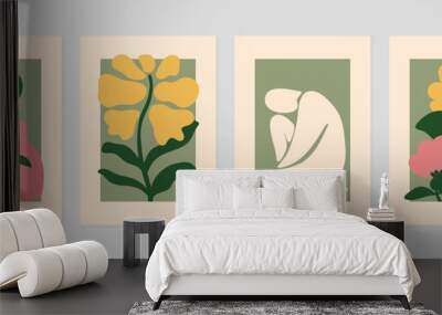 Set of abstract cover background inspired by matisse. Plants, leaf, flower, nude female body, posture, vase. Contemporary aesthetic illustrated design for wall art, decoration, wallpaper, print. Wall mural