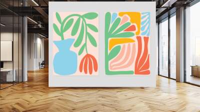 Set of abstract cover background inspired by matisse. Plants, leaf branch, coral, flower, vase in hand drawn style. Contemporary aesthetic illustrated design for wall art, decoration, wallpaper. Wall mural